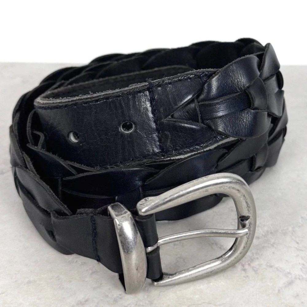 Retro Woven Black Real Leather Belt Mens 34 Preppy Dark Academia